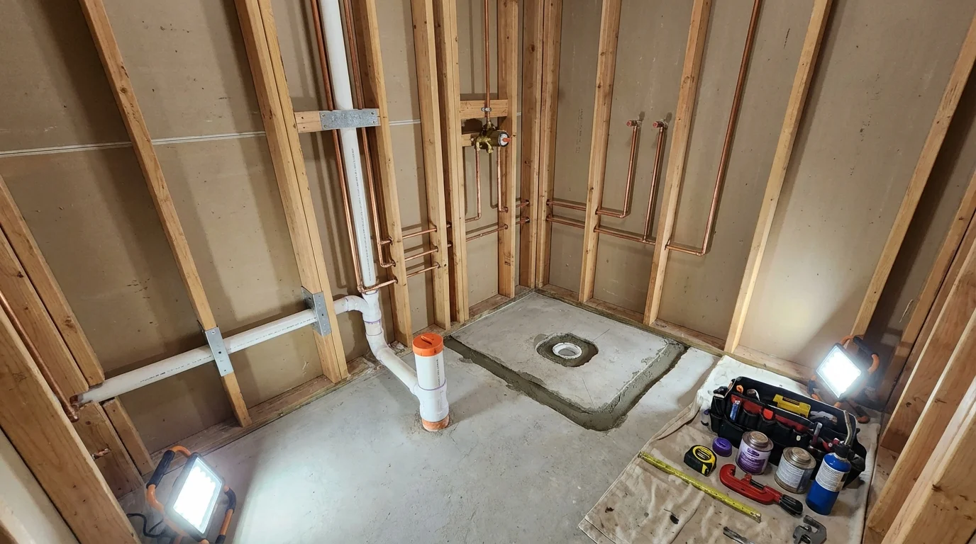 Bathroom rough-in plumbing during remodel by Johns Plumbing LLC in Newington