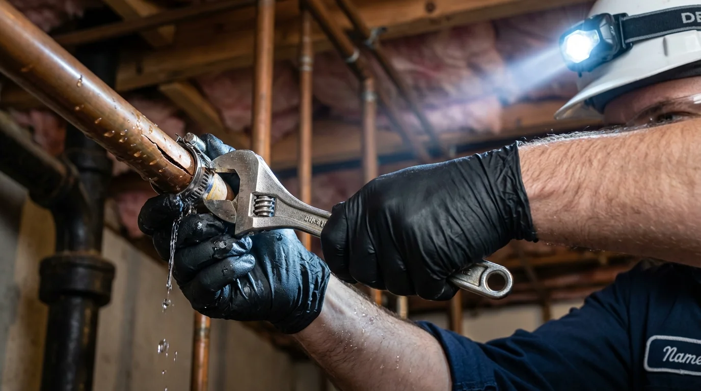 Emergency pipe clamp repair being performed by a Johns Plumbing LLC plumber in Newington