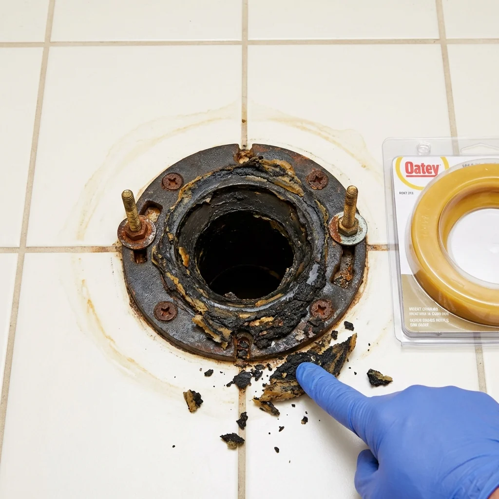 Failed wax ring showing water seepage at the base of a toilet in a Newington, CT home