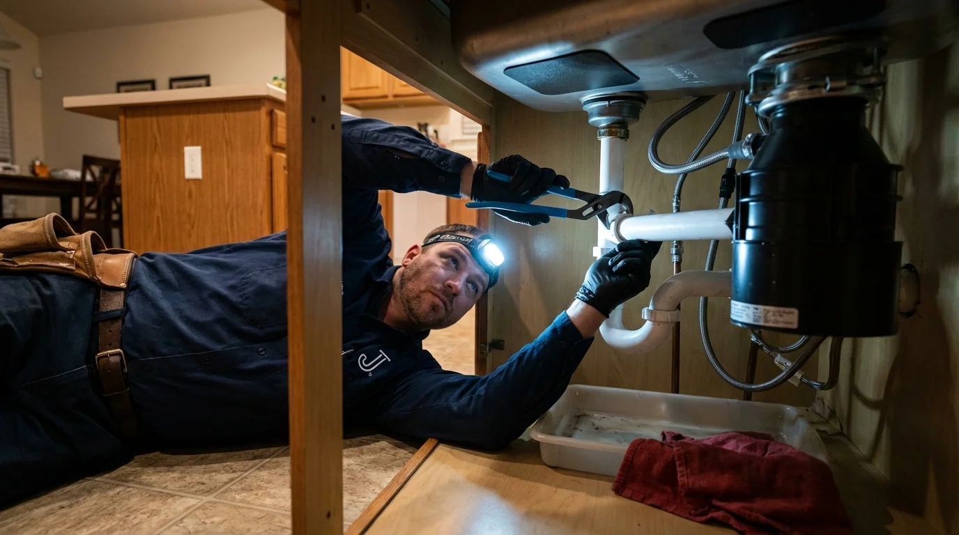P-trap and supply line connections under a kitchen sink showing a common leak point in Newington, CT
